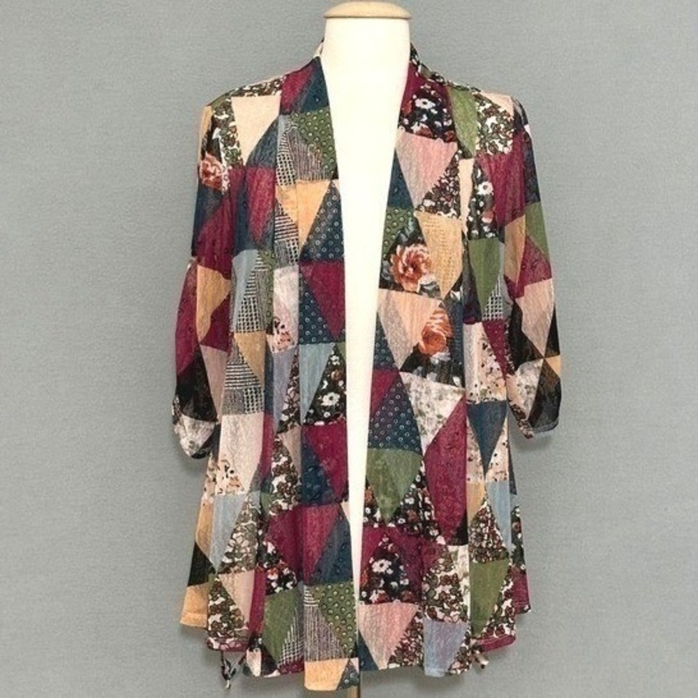Ali Miles Womens Top PM Patchwork Floral Geometric Sheer Cover Up Boho Country